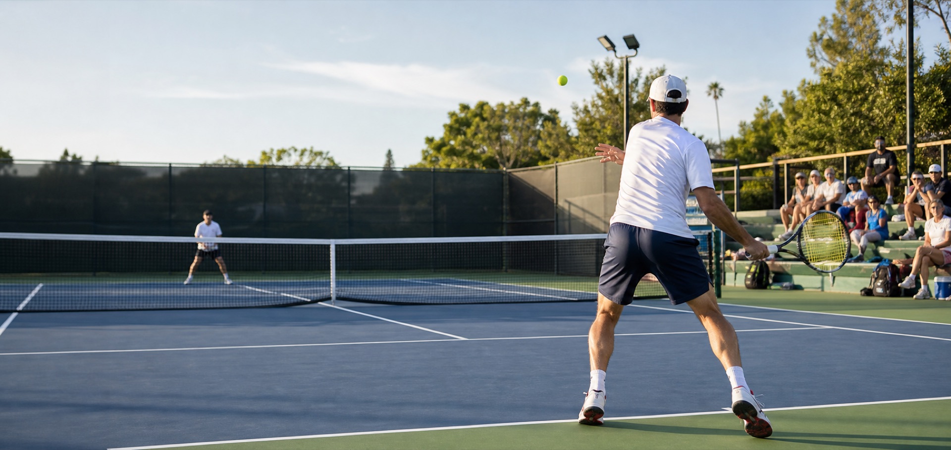 Tennis players rallying on an outdoor court